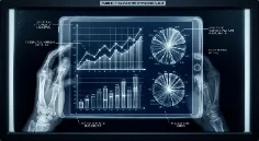 Tablet mostrando gráficos de líneas, barras y tortas de análisis de mercado