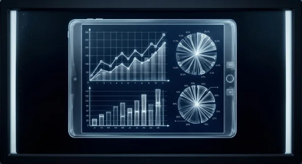 Tablet mostrando gráficos de líneas, barras y tortas de análisis de mercado