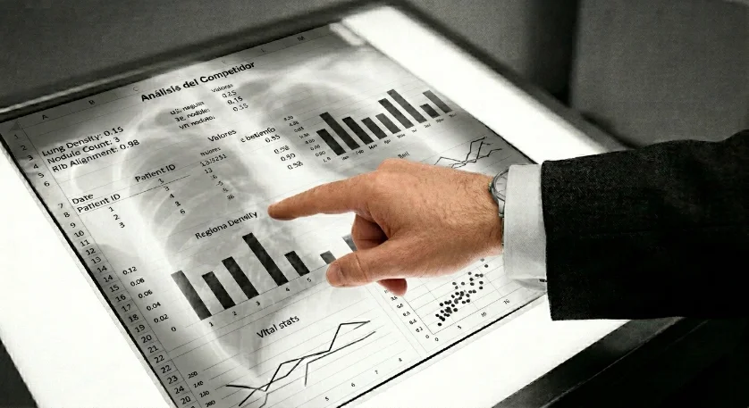 Directivo señalando un tablero digital con gráficos de análisis del competidor