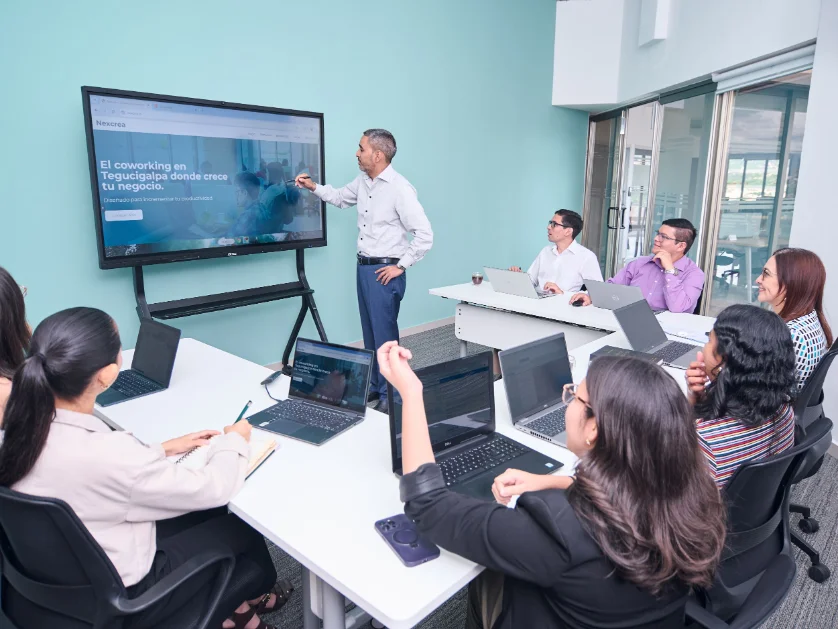 Capacitación a un equipo de trabajo en una sala de reuniones con notebooks