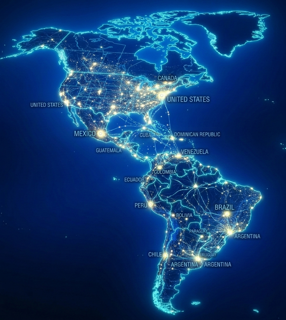 Mapa nocturno de América con las ciudades y los enlaces de la red de Partners